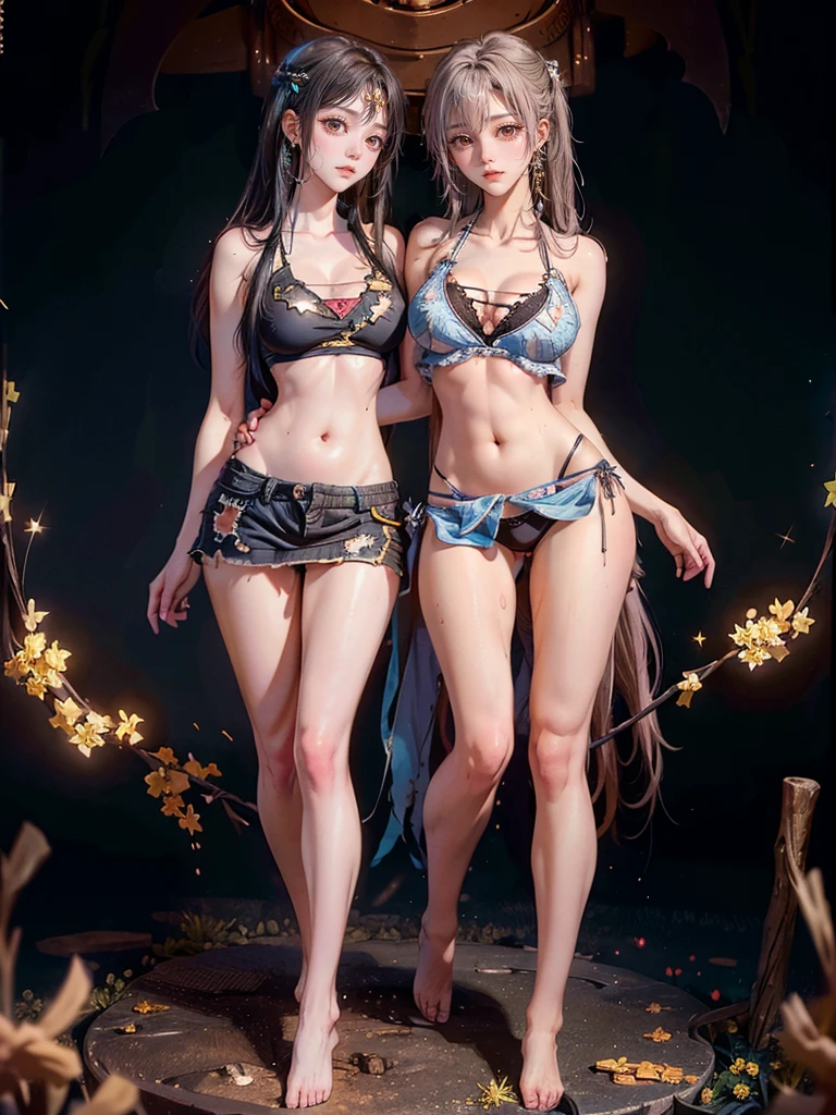 Realistic, Two girls staring at each other, Long Shot, 1 small, short woman (Are standing) In a bikini, Long Hair, barefoot, 1 Mini Giant Mini Girl (feminine, Thin body type, sexy, Torn clothes, Sweat), (Mid-chest: 1.5) Look down, Dynamic pose, In a tank top, Scenes involving two women, Pay attention to the height difference, Couple, skirt, Upset face (Highly detailed skin),  Detailed face, 8K Ultra HD, Soft lighting, high quality, Full body portrait.