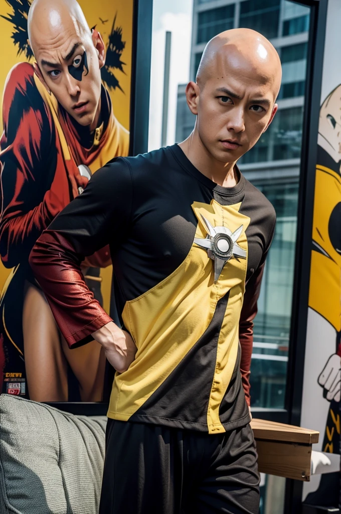 One punch man, Saitama in his pajama outfit looking clueless, movie poster, Action and adventure written in the background
