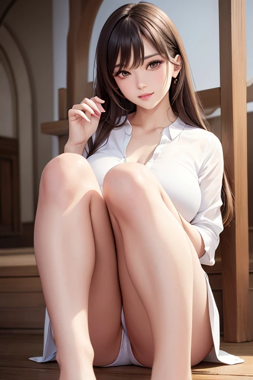 Highest quality, masterpiece, Ultra-high resolution, Film Grain, movie, One girl, View Viewer, Natural skin texture, Realistic eye and facial details, full 唇, Lip tick, (compensate), Red eyeshadow, Brown Hairロングヘアー,Korean beauty style,Ulzzang Fashion,White shirt,Black Mini Skirt,Knee-high boots,smile, Close your mouth, beautiful feet, Tall Woman, skinny, slim_feet, alone, Large Breasts,Natural pose,Brown Hair,bracelet,Similar to VIVIZ's UMJI,Korean Style,Korean,かわいいKorean,Natural Makeup,cute,Earrings,Depth of written boundary