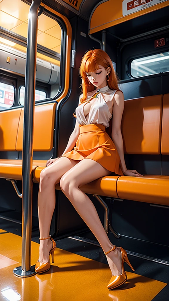 Clear images、Real women、Orange Hair,
Side Tail, Slender figure ,Breasts are a little bigger than normal , Full body shot from head to toe, Shiny orange high heels、 blouse、mini skirt、Large ring earrings, Sit down in the back of the bus, 、I threw my head back and fell into a deep sleep..,My arms are hanging down. I'm weak and want to sleep..Her knees are open and her underwear is visible., Both feet are on the floor, sleeping face, close your eyes, Mouth wide open and drool、tilt your head back and look up, You can rest your head on the seat and sleep soundly.., Anatomically correct,A composition looking up from directly in front