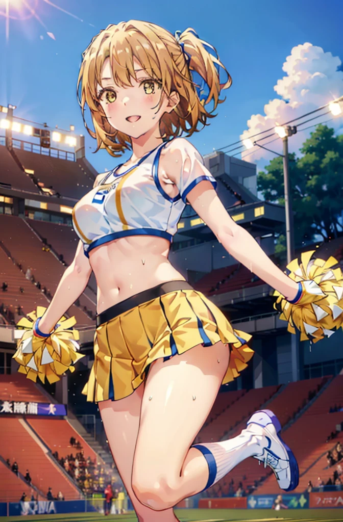 irohaisshiki, iroha isshiki, short hair, brown hair, (Brown eyes:1.5), smile,happy smile, smile, Open your mouth,(cheer leading), (whole body), Big Breasts, Lower, (Sweaty), Sweaty Wet Clothes, (Yellow clothes),No sleeve,Yellow pleated skirt,sneakers , Belly button support, playground, (Jump), (Jump), 足を曲げてJumpする, air, blue sky, Grass原, smile
チアリーダー, Pom-pom \(cheer leading\), Grass, smile, whole bodyがイラストに入るように,
break outdoors,Stadium,
break looking at viewer,whole body,
break (masterpiece:1.2), Highest quality, High resolution, unity 8k wallpaper, (shape:0.8), (Fine and beautiful eyes:1.6), Highly detailed face, Perfect lighting, Highly detailed CG, (Perfect hands, Perfect Anatomy),