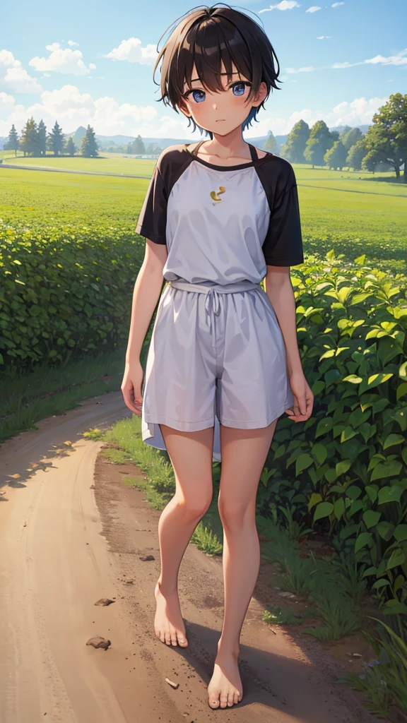 tomboy, young teen, barefoot, countryside, dirt road, shaved head,