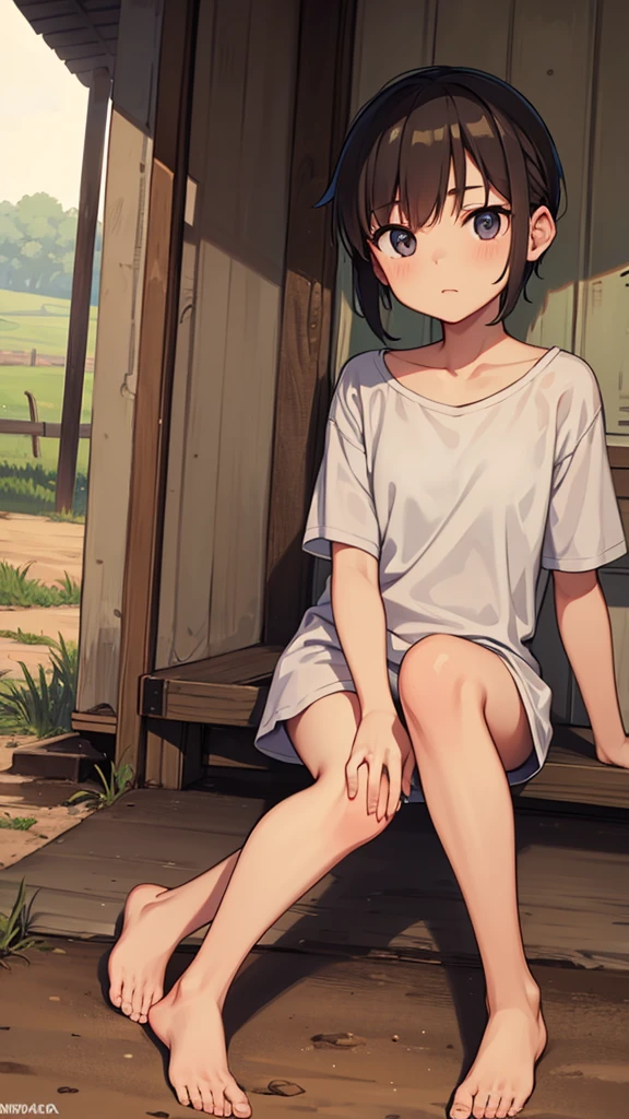 tomboy, young , barefoot, countryside, dirt road, shaved head,