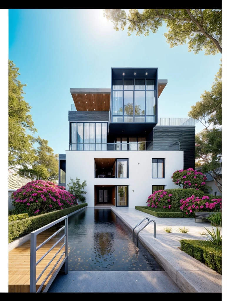 The house, The town house is made from white walls, beautyful light, beautyfulday, sunny, Many red bougainvilleas along the road:1.3, lovely youthful feeling :1.2, sunlight at 12 noon, Very beautiful shadows