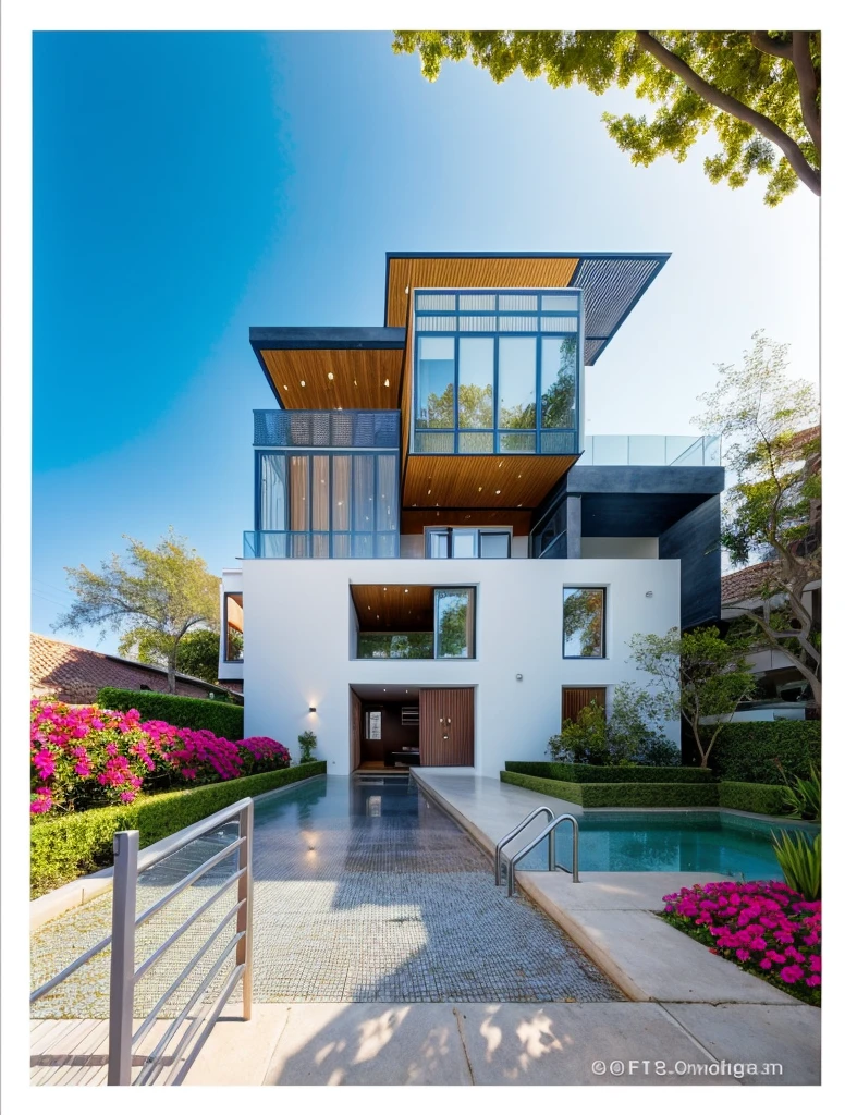 The house, The town house is made from white walls, beautyful light, beautyfulday, sunny, Many red bougainvilleas along the road:1.3, lovely youthful feeling :1.2, sunlight at 12 noon, Very beautiful shadows