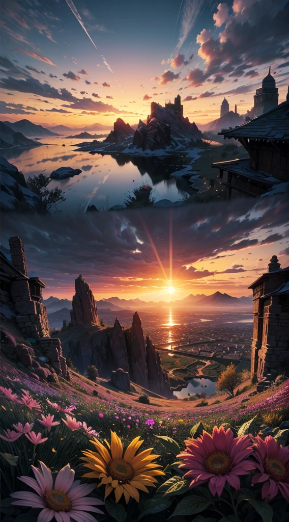 Phoenix, Skyrim. Sunset. Horizontal planes, crystals, flowers and plants
