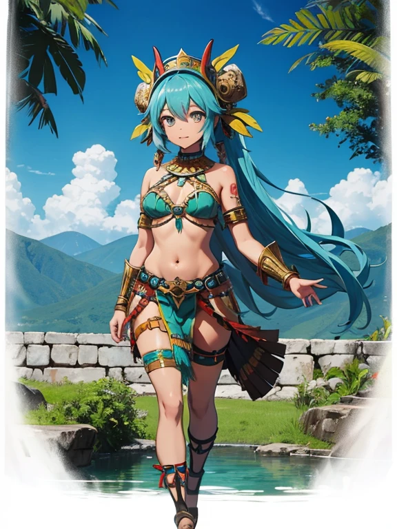 Miku Hatsune, piel bronceada, alta definicion, tatuaje tribal, prehispanic clothes, mayan gir, piramid maya landscape, jungle