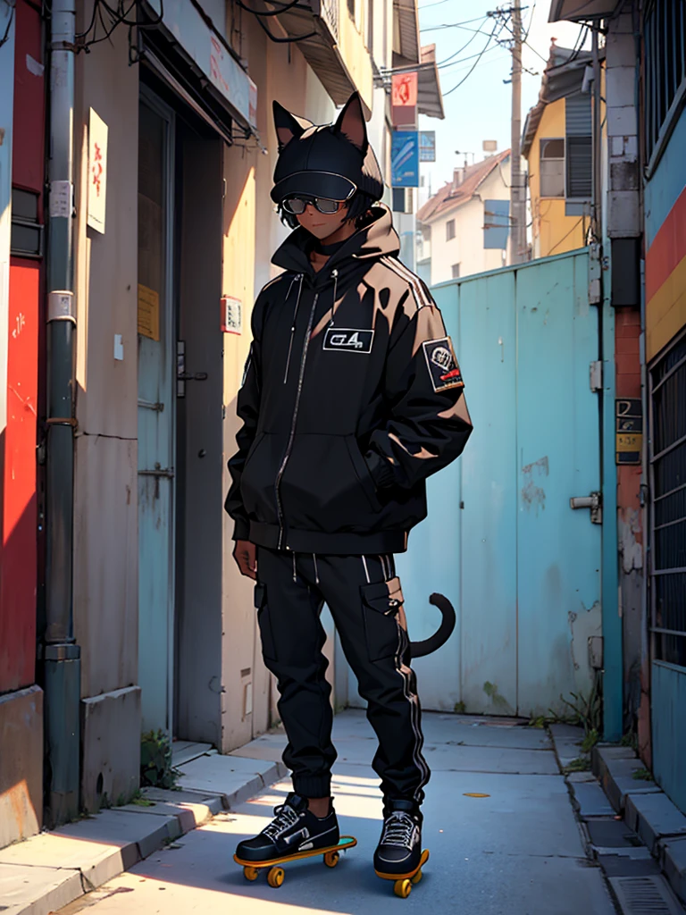 c4tt4stic, Gato preto de desenho animado com jaqueta com skate, oculos de sol,com jaqueta preta de couro,Cat standing with skateboard in oc paws*