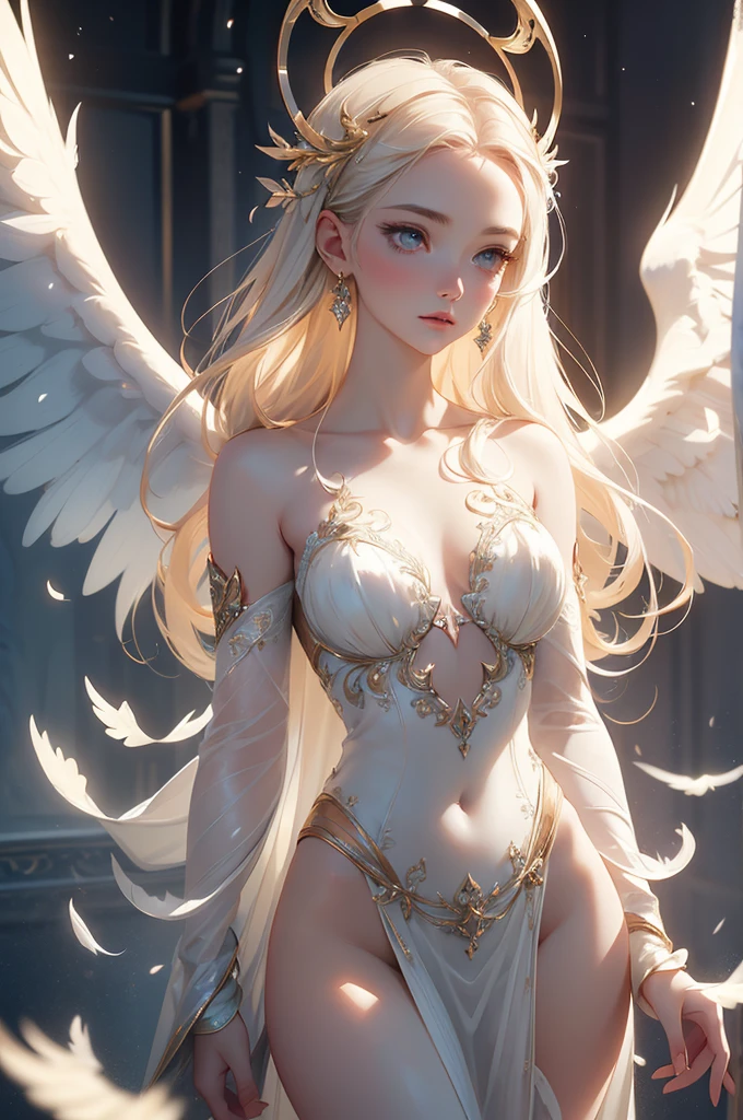 a beautiful angel woman with halo of light, semi-nude, intricate detailed face, delicate facial features, porcelain skin, ethereal, serene expression, elegant pose, feathered wings, graceful, divine, shimmering light effects, cinematic lighting, chiaroscuro, dramatic shadows, muted color palette, romantic, dreamlike, mystical