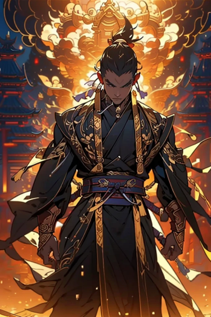 a man in a black robe, young man, handsome man, ponytail, ancient Chinese clothing, qi, swords and other weapons, ancient Chinese buildings in the background, night, powerful character, purple rays, a beautiful landscape. Detailed face, 8k, embroidered tunic with gold edges, detailed clothing, xianxia, ​​cultivation world