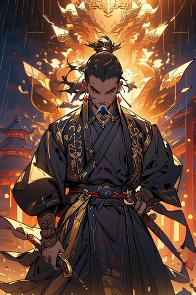 a man in a black robe, young man, handsome man, ponytail, ancient Chinese clothing, qi, swords and other weapons, ancient Chinese buildings in the background, night, powerful character, purple rays, a beautiful landscape. Detailed face, 8k, embroidered tunic with gold edges, detailed clothing, xianxia, ​​cultivation world