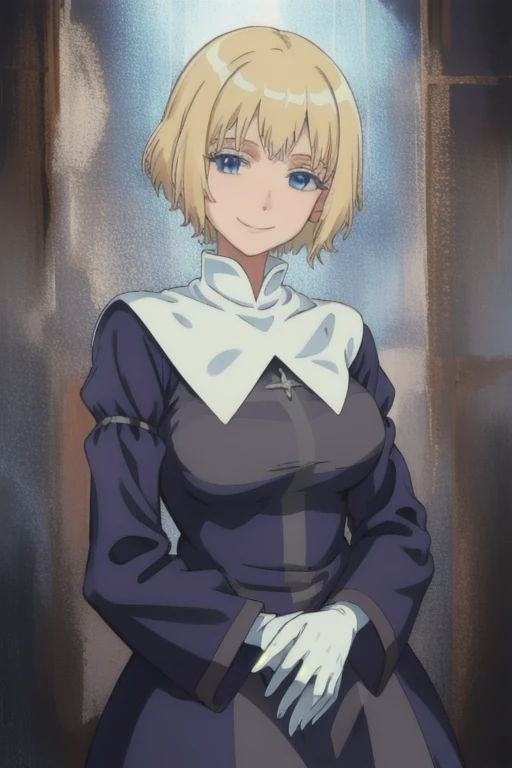 Orsola, short blonde hair, solo, smiling, cowboy shot,
blue habit ,white gloves, long sleeves, nun, long skirt,
(insanely detailed, beautiful detailed face,beautiful detailed eyes, masterpiece, best quality)