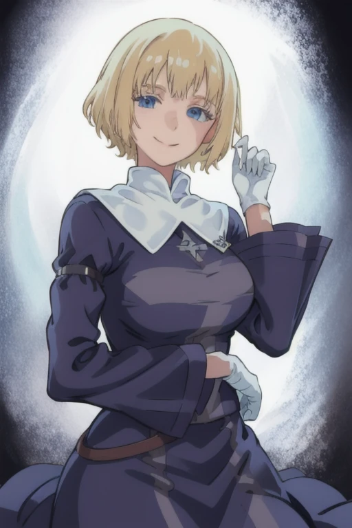 Orsola, short blonde hair, solo, smiling, cowboy shot, 
 blue habit ,white gloves, long sleeves, nun, long skirt,
(insanely detailed, beautiful detailed face,beautiful detailed eyes, masterpiece, best quality) 