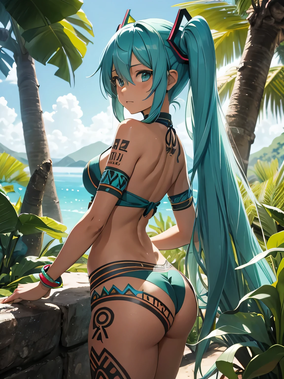 Miku Hatsune, piel bronceada, alta definicion, tatuaje tribal, prehispanic clothes, mayan gir, piramid maya landscape, jungle, tribal allbody paiting