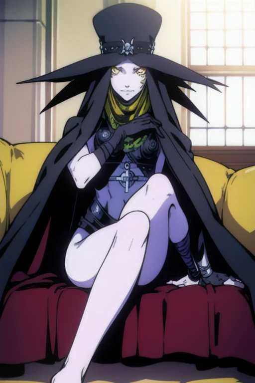 Masterpiece, best quality, Scathach, solo, female1, shin megami tensei, cape hat, black cape, flower tattoo, gloves, white skin, (yellow eyes 1.1), flowing, sitting, shirt, smile, couch, living room