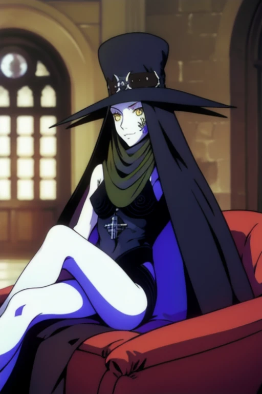 Masterpiece, best quality, Scathach, solo, female1, shin megami tensei, cape hat, black cape, flower tattoo, gloves, white skin, (yellow eyes 1.1), flowing, sitting, shirt, smile, couch, living room