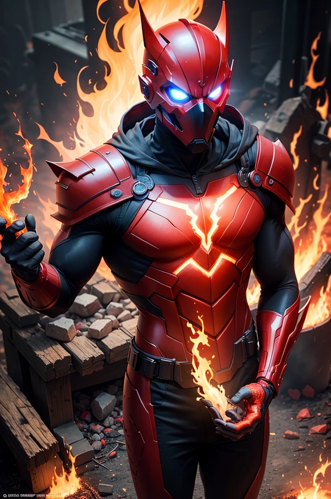 a man with glowing eyes and a red suit standing in front of a fire, incredible background, human torch, glowing red veins, radiating power, avatar image, glowing red veins, glowing bright veins, cyberpunk flame suit, 8 k very detailed ❤🔥 🔥 💀 🤖 🚀, glowing veins, dark supervillain, 1024px profile picture, fire demon,face cover with mask,his an indian
