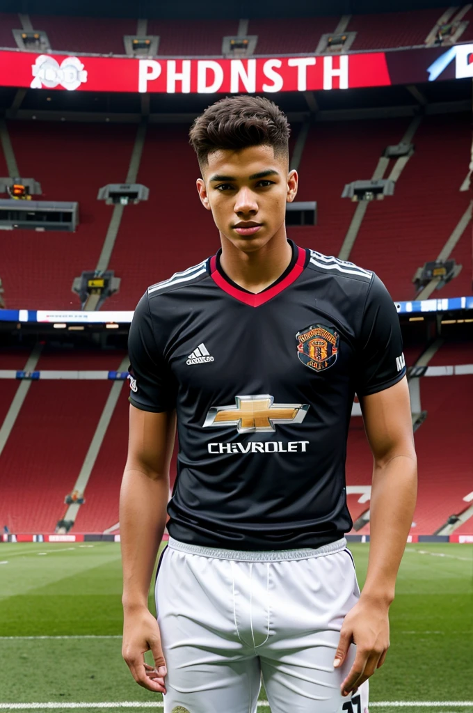 A young man is standing inside a football stadium, wearing a Manchester united jersey.