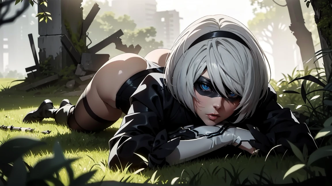 portrait of a girl, face close to the camera, face close up, lying on the grass, lying in a clearing, pov angle, Face close up (very detailed eyes, pupils, Lips 1.1), face close, blindfold, gloomy composition, gloomy background, the forest, ruins covered with moss, Tall trees, nature, the lights of a sun,  very detailed. stands in a fighting pose, fighting stance, in battle, gloomy composition, gloomy room, gloomy atmosphere, very detailed eyes, grey-blue eyes, beautiful figure, Ruin, ruined city, very detailed eyes, beautiful figure, Lucy from the anime series 1 girl, facing the viewer, beautiful figure (Correct anatomy 1.1.), full length (Full body 1.1), Slim, A slim body, A slim body, slender legs, anime style, White hair, White hair, that disappear at the ends, bob haircut, Cutouts on the shoulders, Cutouts on the chest, Neckline at the waist, Black Stockings, Black short skirt, white panties, very detailed face, very beautiful face, very sexy, full length (Full body 1.1), маленькая elastic грудь, small ass, Красивая A slim body, Small buttocks, world, Femininity，the masterpiece，Best quality，very detailed，Visible to your feet， Resolution 8K， high sharpness， Resolution 8K， very detailed， 8k contract， Professional lighting， photon mapping，physical rendering， perfect face， Detailed face and body， ray tracing， expressive look， Cinmatic worlding，elastic , Increased sexuality，