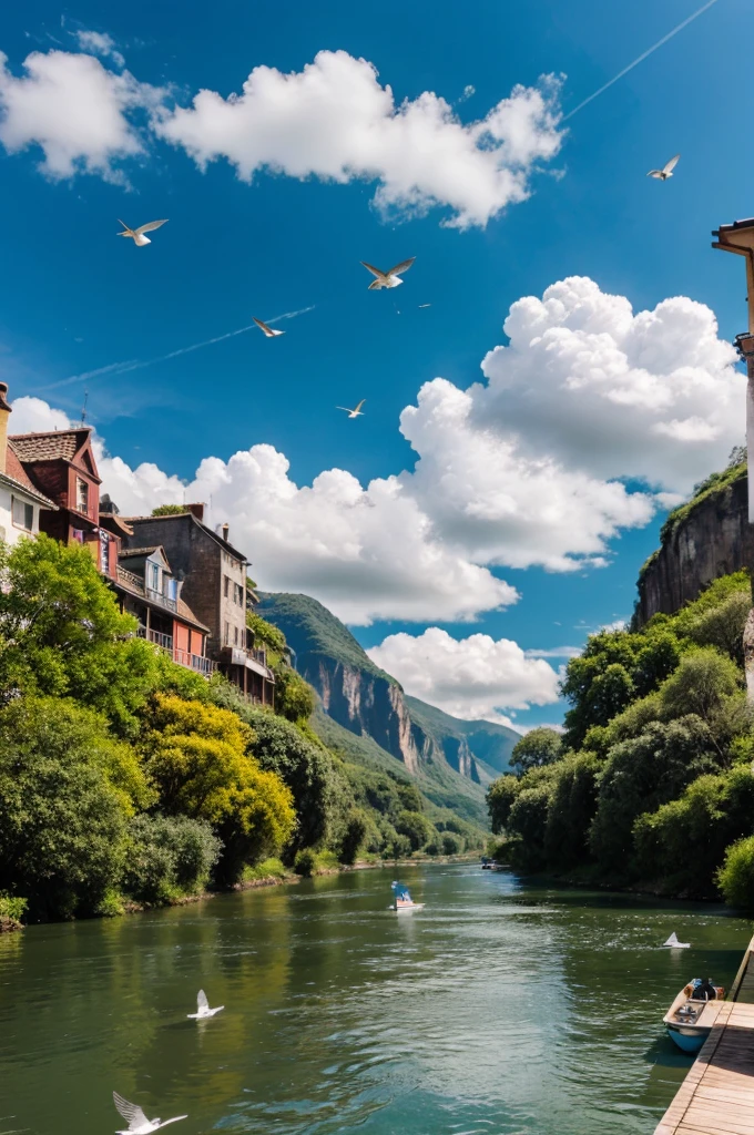 River with birds flying boats sailing 