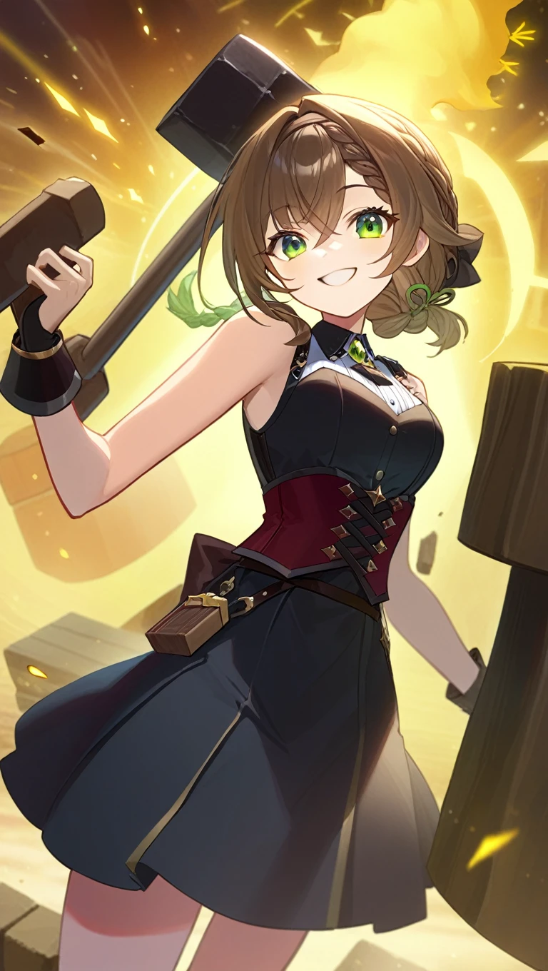 absurd res, high res, (masterpiece:1.4) (/genshin impact/), blacksmith, hammering, smiling, green eyes, brown hair braids, yellow sparks, anvil, hammer, black sleeveless dress, corset  up to chest