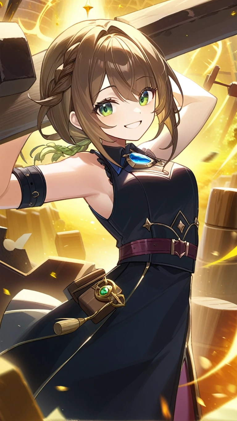 absurd res, high res, (masterpiece:1.4) (/genshin impact/), blacksmith, hammering, smiling, green eyes, brown hair braids, yellow sparks, anvil, hammer, black sleeveless dress, corset  up to chest