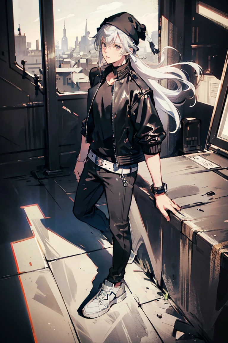 (1 boy), (silver hair), (beautiful almond-shaped gray eyes), cool, nine head proportions, standing, fitted white crew-neck t-shirt, (black leather biker jacket), blue skinny jeans, black high-top sneakers, a black beanie, silver aviator sunglasses, a leather bracelet, a black leather belt, an urban street background, looking at viewer, looking ahead, from above,  monochrome background,