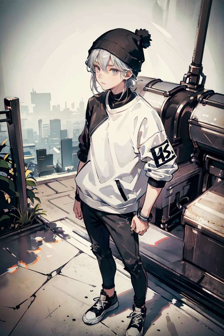 (1 boy), (silver hair), (beautiful almond-shaped gray eyes), cool, nine head proportions, standing, fitted white crew-neck t-shirt, (black leather biker jacket), blue skinny jeans, black high-top sneakers, a black beanie, silver aviator sunglasses, a leather bracelet, a black leather belt, an urban street background, looking at viewer, looking ahead, from above, monochrome background,