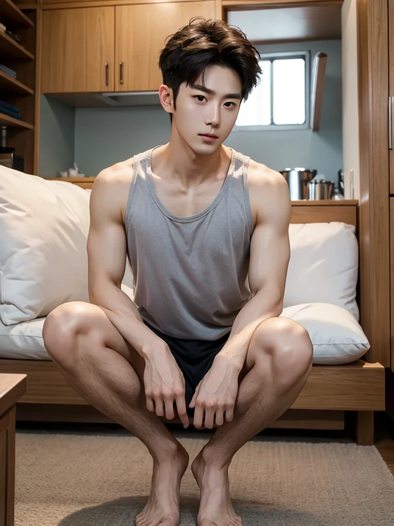 Best quality, High quality, A high resolution, 4K, Masterpiece, detailed face, handsome 29 year old korean man, tank top, he is now at home, full body