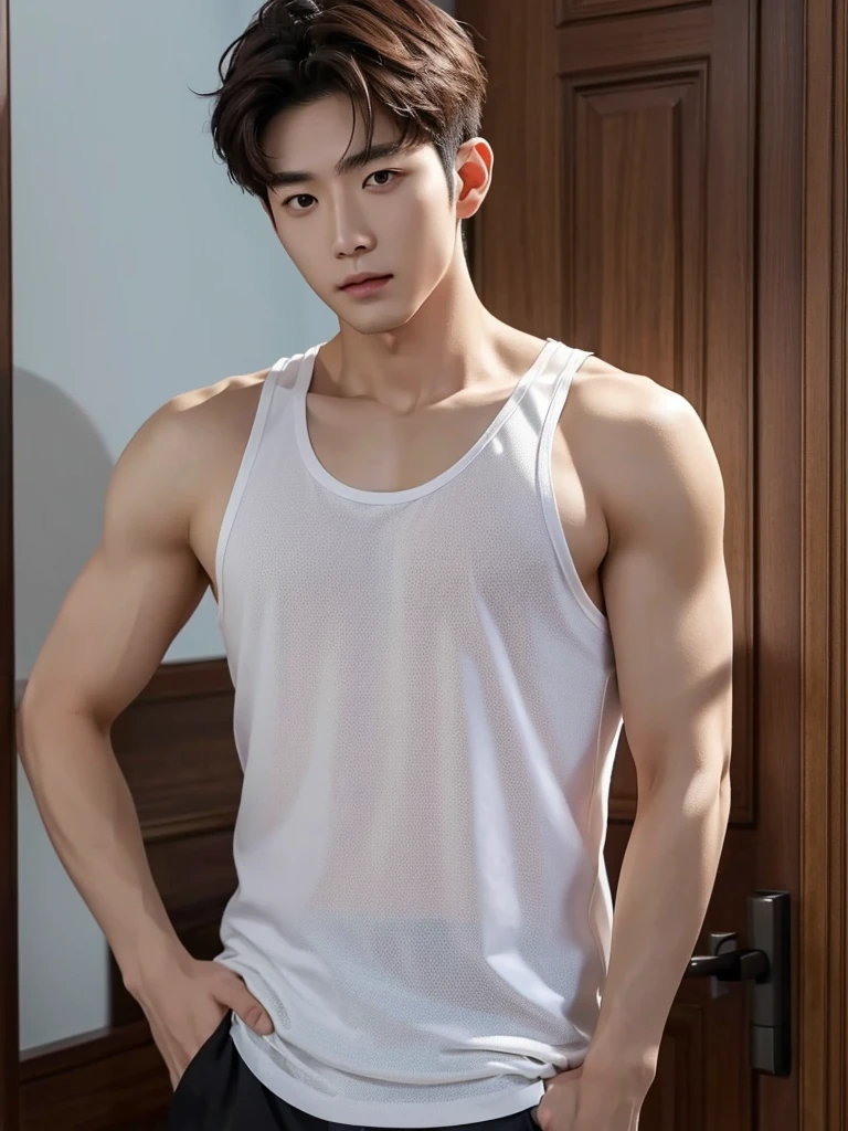 Best quality, High quality, A high resolution, 4K, Masterpiece, detailed face, handsome 29 year old korean man, tank top, he is now at home, full body