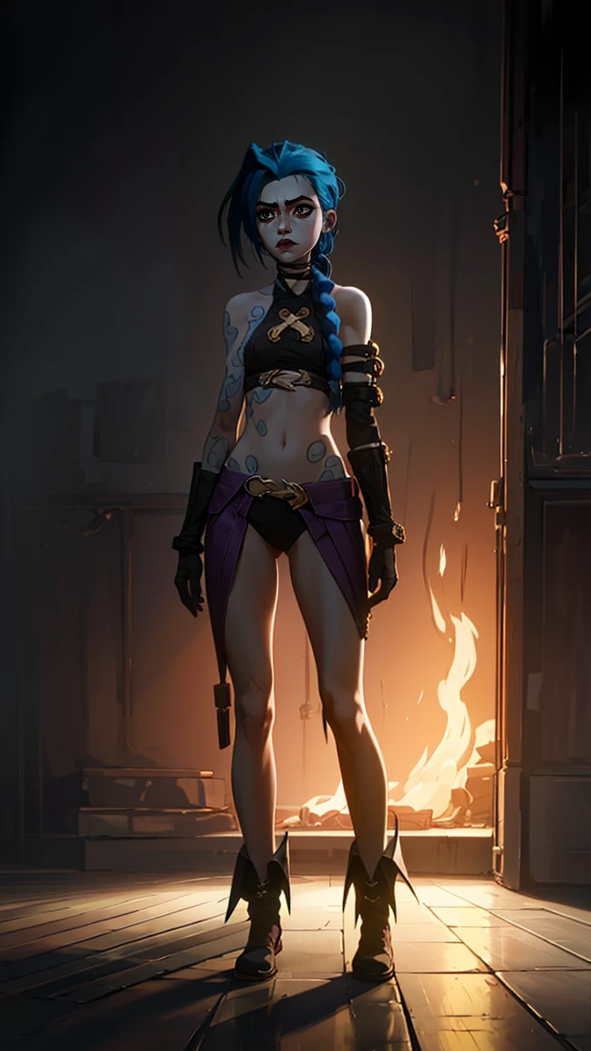 (masterpiece, Best quality), 1 girl, crying, portrait, very sexy, full length (full body 1.1.), очень feminine, bare chest, beautiful waist, gloomy composition, flame, fire, Flash, very beautiful, feminine, long hair, hair braided in long braids, very sexy, emphasis on the eyes, face accent, Beautiful face, Hands, Hair, Haired ponytail, tie ,red purple eyes, Джинкс crying, Blue cloud tattoo, (masterpiece, Best quality), Side lighting, beautiful detailed eyes, crazy face), (Best quality), (masterpiece), magic photography, Spectacular lighting, Photorealism, ultra detailed, интимная portraitная композиция, 1. 4,8 k UHD, aesthetic, Cd., A high resolution, 8 k, better lighting, Best shade, Ultra-HD, A high resolution, sharp focus, complex background, Cinematic lighting, ((Landscape view)), 4K block, (better lighting), ((Cinematic lighting)),