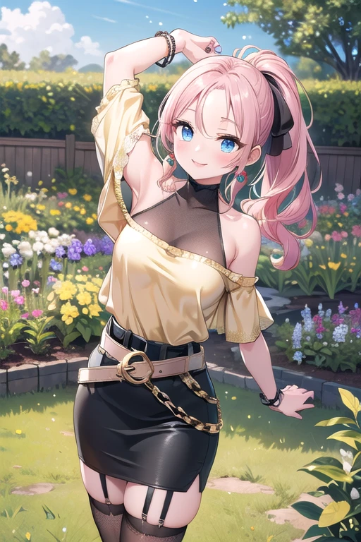 One Girl, A girl is posing for a photo, pretty girl, Enchanting girl, Beautiful Anime Girls, (Little Girl),
((Matte pink hair, Bangs that expose the forehead:1.4, ponytail : Long Hair + Curly hair + Curled + It has a sense of volume + Big black ribbon), (blue eyes)),
((Black high neck shirt:1.4 + The sleeves are covered in black mesh:1.4), (Black pencil skirt + big gold belt:1.4), (black garter straps + Shiny black knee-high stockings:1.4 + Low Denier + Sheer), Black High Heels:1.4),
((Gold Bracelet, Gold Earrings)),
BREAK Sensual,((Small breasts)), cleft of venus, ((Pussy + Camel Toe)),
BREAK
(Beautiful Hair, Shiny Hair, Shiny Hair)),
(Double eyelids, Long eyelashes),
(Expression of fine eyes, Beautiful and delicate eyes, Sparkling eyes, Eye Reflexes),
(Beautiful Nose,Thin Nose),
(Glossy Lips, Beautiful Lips, thick lips),
(Symmetrical facial features, Perfect Face), (Beautiful breasts), (Detailed skin, Oily skin, Textured skin, Glowing Beautiful Skin),
BREAK
((smile)),
BREAK
((noon, garden:1.4, grass, Stretching oneself:1.4))、((Face the viewer:1.4, Cowboy Shot)),
BREAK
((Ultra-high resolution)), (((masterpiece))), (((Highest quality))), ((8k)), (Attention to detail), (Beautiful sparkle), (High detail), (Anatomically correct)),
((Realistic)), ((The best CG)), Highly detailed art, CG illustration, ((Line art)),