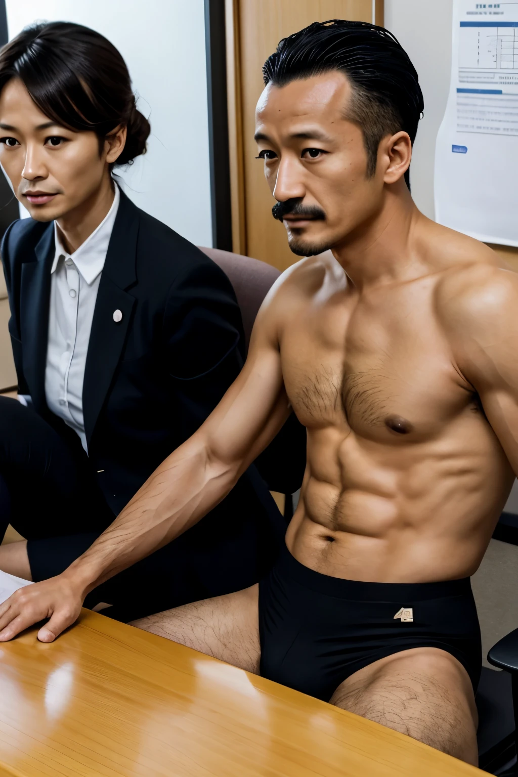 40 years old，Hidetoshi Nakata，（Kogoro Mori 1.3），Topless，Densely hairy，Bright，Raised，Fortitude，office，Suit，Two people are intimate，Tights，whole body，Fortitude，HD，With a mustache，Black socks，