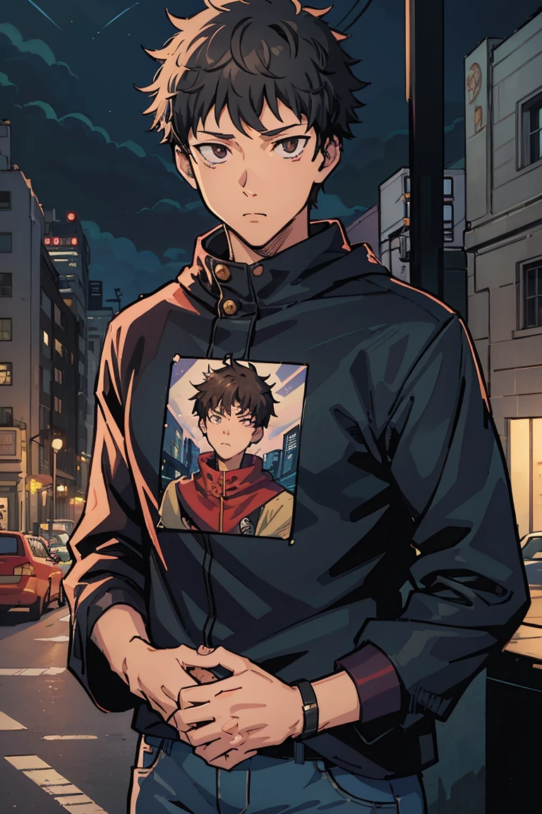 ((illustration)), (best quality)), ((masterpiece)), (detailed), ((night)), teenager, solo, 1boy, male focus, black jacket, short hair, black hair, shaggy hair, jeans,  upperbody, cityscape, lineart, thick lines, comic cover, itadori, itadori_yuuji, shirt,