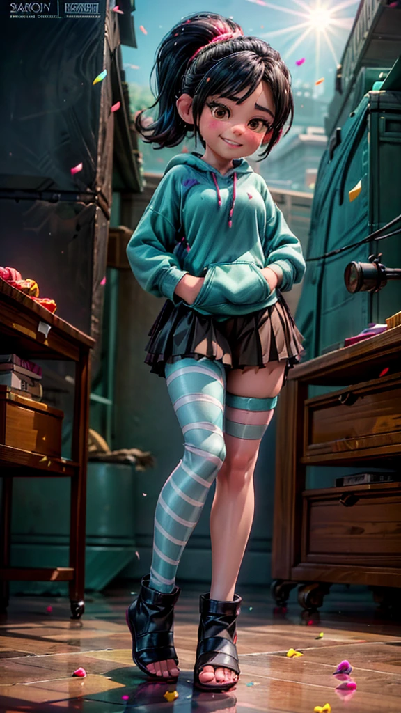 [Wreck_It_Ralph_Movie], ((masterpiece)), ((high quality)), ((HD)), ((beautiful portrait)), ((front view)), ((full body)), ((feet visible, visible feet, highly detailed feet, barefoot, sandals)), ((beautiful background)), {vanellope von schweetz, black hair, red scrunchy, short ponytail, (candy in hair:1.2), (cute half-closed brown eyes), adult woman, beautiful legs, curvy hips, side-boobs, smug smirk, white teeth}, {(aqua sweatshirt), (brown tuffled skirt), (aqua striped pantyhose)}, {(standing on raceway), (hands in pockets), (looking at viewer)}, [Background: (racetrack), (confetti), (blue sky), (bright sun), (sun rays)]