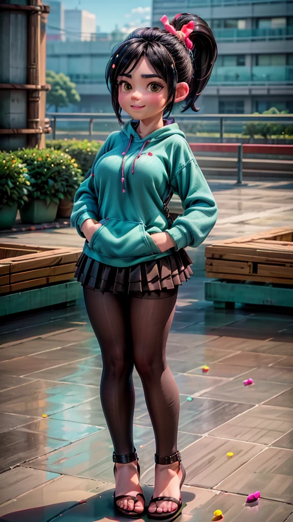 [Wreck_It_Ralph_Movie], ((masterpiece)), ((high quality)), ((HD)), ((beautiful portrait)), ((front view)), ((full body)), ((feet visible, visible feet, highly detailed feet, barefoot, sandals)), ((beautiful background)), {vanellope von schweetz, black hair, red scrunchy, short ponytail, (candy in hair:1.2), (cute half-closed brown eyes), adult woman, beautiful legs, curvy hips, side-boobs, smug smirk, white teeth}, {(aqua sweatshirt), (brown tuffled skirt), (aqua striped pantyhose)}, {(standing on raceway), (hands in pockets), (looking at viewer)}, [Background: (racetrack), (confetti), (blue sky), (bright sun), (sun rays)]