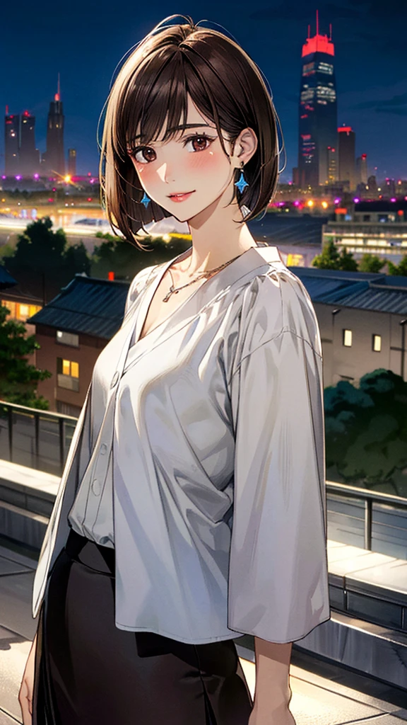 (masterpiece:1.3, Highest quality, Ultra-high resolution, Super detailed), (Realistic, photoRealistic:1.4), Beautiful illustrations, Perfect lighting, colorful, Depth of written boundary, 
Beautiful detailed hair, Beautifully detailed face, Beautiful fine details, Beautiful clavicle, Beautiful body, Beautiful breasts, Beautiful thighs, Beautiful feet, Beautiful fingers, 
View Viewer、Front view:0.6, 1 girl, Japanese, Female college student, Perfect Face, (Perfect Anatomy, Anatomically correct), Cute and symmetrical face, Baby Face, , Shiny skin, 
Wearing a coat、((Black blouse：1.4,)) ((skirt:1.4))
(Dark brown hair, Bobcut:1.4),  Dark brown eyes, (Large Breasts), thin, 
necklace, (Small earrings:1.3), 
(Beautiful views), (night), (city, cityscape in the distance), Are standing, A soft smile、(Smile, Lips parted), 