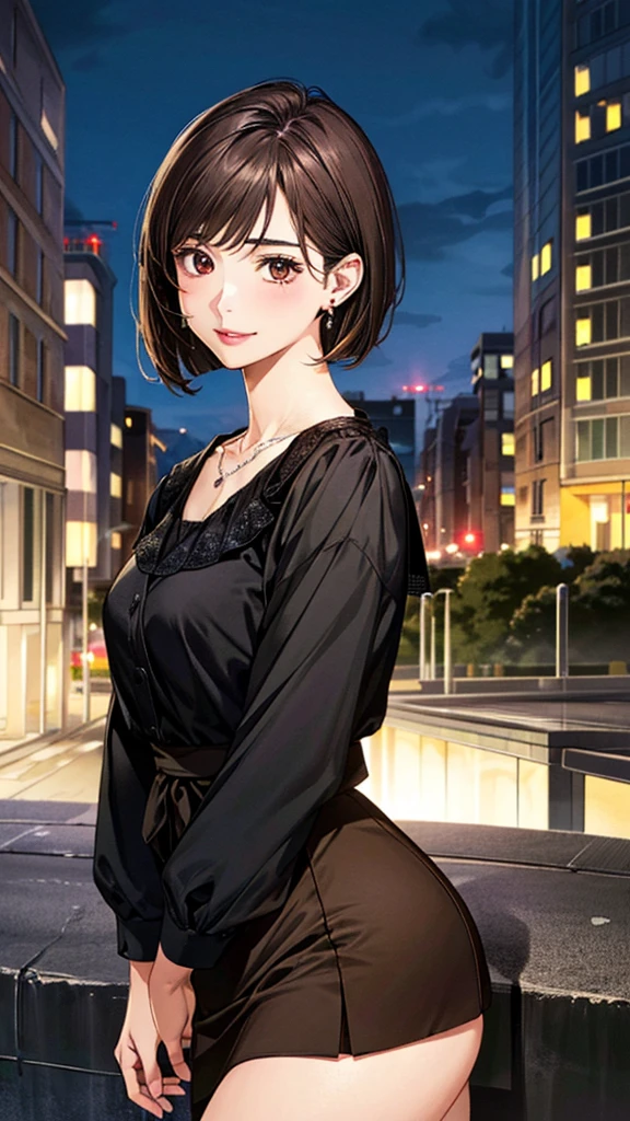 (masterpiece:1.3, Highest quality, Ultra-high resolution, Super detailed), (Realistic, photoRealistic:1.4), Beautiful illustrations, Perfect lighting, colorful, Depth of written boundary, 
Beautiful detailed hair, Beautifully detailed face, Beautiful fine details, Beautiful clavicle, Beautiful body, Beautiful breasts, Beautiful thighs, Beautiful feet, Beautiful fingers, 
View Viewer、Front view:0.6, 1 girl, Japanese, Female college student, Perfect Face, (Perfect Anatomy, Anatomically correct), Cute and symmetrical face, , , Shiny skin, 
Wearing a coat、((Black blouse：1.4,)) ((skirt:1.4))
(Dark brown hair, Bobcut:1.4),  Dark brown eyes, (Large Breasts), thin, 
necklace, (Small earrings:1.3), 
(Beautiful views), (night), (city, cityscape in the distance), Are standing, A soft smile、(Smile, Lips parted), 