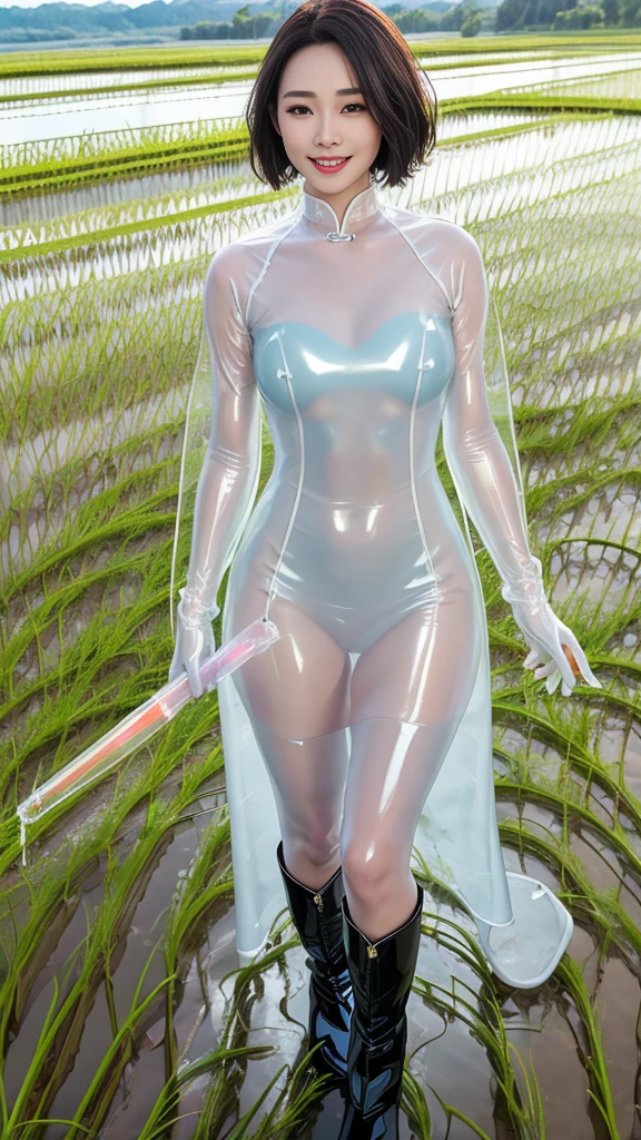 (Tabletop:1.0), (highest quality:1.4), (High resolution:1.2), (Realistic:1.4), (8k, RAW Photos:1.2), (Soft Focus:1.4),(close up:1.3),break,2 girls standing and wearing translucent liquid latex aodai  and Smiling while taking a photo.............................................................,(2 girls  wearing translucent liquid latex aodai:1.4),BREAK,Slime Skin,Smooth and tight boots, Clear skin,latex, Translucent body,latex Shiny,Perfect Fingers,(Shiny latex gloves:1.2), gloves that fit their skin,break,BREAK,bob hair,(vermilion hair:1.2),(smile:1.2),glossy Shiny reflective, Makeup,Japanese Goddess, Glowing Skin,Gorgeous Japanese Model,Shiny,Shiny,(reflector leather wrinkles black boots:1.2),(wide boots:1.3),wrinkles,break,Detailed Background,(at the paddy field:1.3)