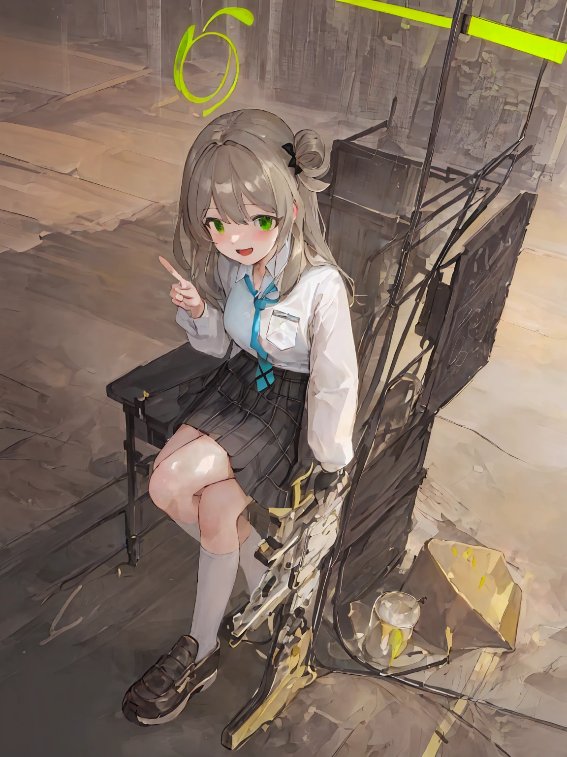 (masterpiece:1.2), best quality, highres, original, (extremely detailed:1.2), ultra-detailed, wallpaper, perfect lighting,(extremely detailed CG:1.2), 8k, anime illustration, 1girl, solo, nonomi \(blue archive\), (open the mouth, laughing, happy:1.2), school uniform, plaid skirt, (peace sign:1.1), close-up, standing, (anatomically correct:1.4)