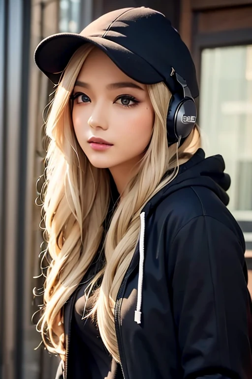 1girl, solo, long hair, looking at viewer, bangs, blonde hair, hat, animal ears, brown eyes, closed mouth, jacket, open clothes, hood, from side, lips, black headwear, hoodie, headphones, hood down, hooded jacket, beanie, ears through headwear