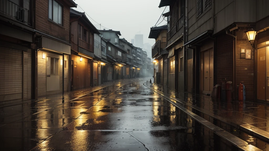 "No figures are present in any of the scenes. Landscapes, buildings, and rain-soaked flowers take center stage.""A rainy night under the streetlights. Puddles form in the alleyways.""A skyline of buildings from the Showa era. The atmosphere of a bygone era fills the air."