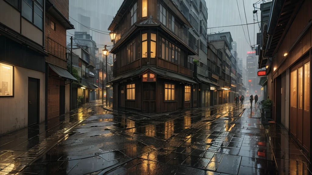 "No figures are present in any of the scenes. Landscapes, buildings, and rain-soaked flowers take center stage.""A rainy night under the streetlights. Puddles form in the alleyways.""A skyline of buildings from the Showa era. The atmosphere of a bygone era fills the air."