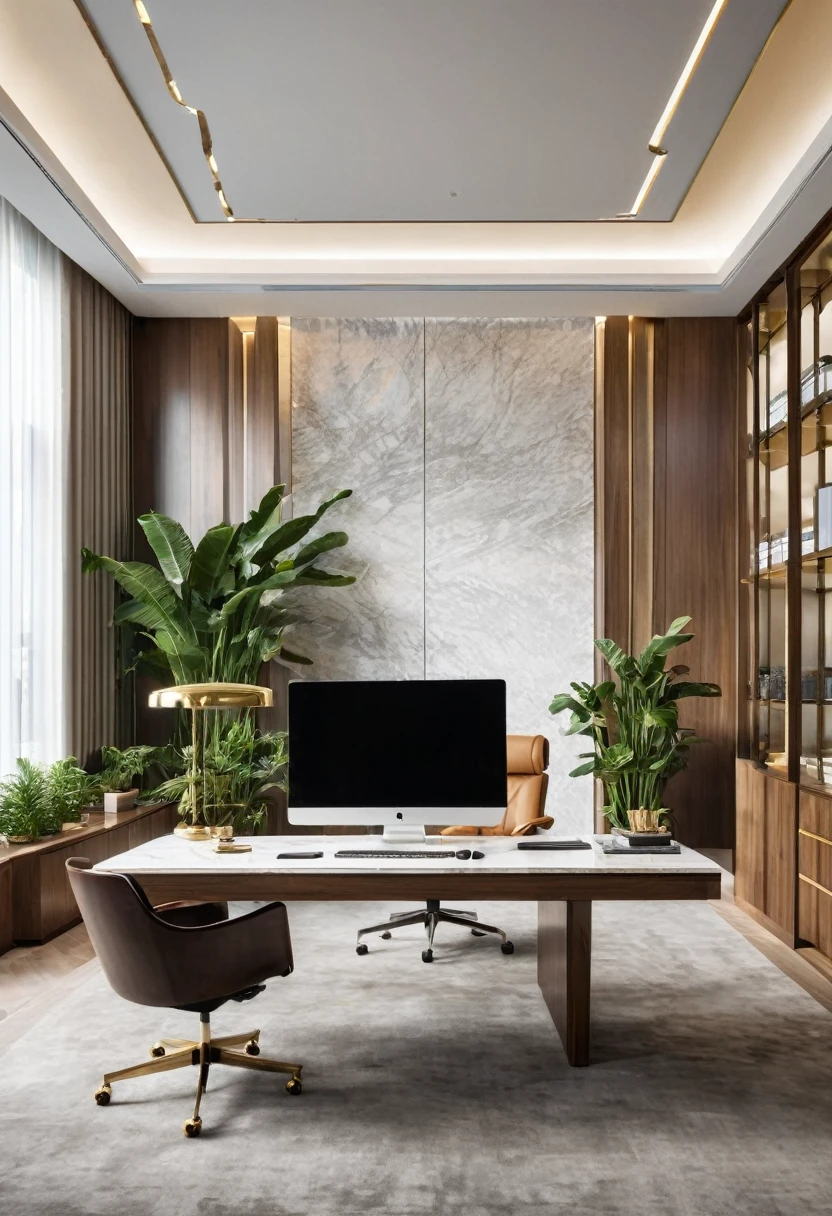 A luxurious CEO office with high-end materials, bathed in natural daylight. A large desk is the centerpiece, with a stylish backdrop of filing cabinets and decorations behind it. The room also features a 10-person meeting table and a premium sofa set. The space is modern, elegant, and exudes sophistication --v 6.0 --ar 16:9 --style raw