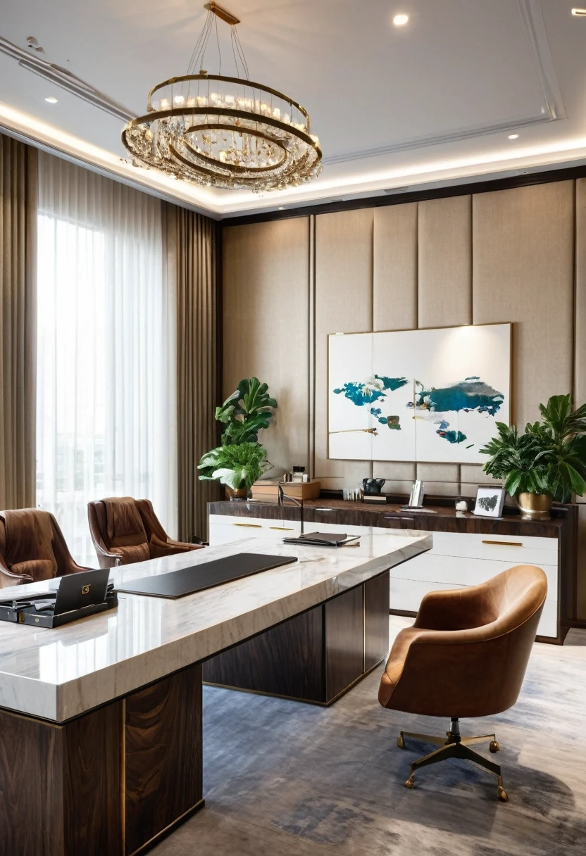 A luxurious CEO office with high-end materials, bathed in natural daylight. A large desk is the centerpiece, with a stylish backdrop of filing cabinets and decorations behind it. The room also features a 10-person meeting table and a premium sofa set. The space is modern, elegant, and exudes sophistication --v 6.0 --ar 16:9 --style raw