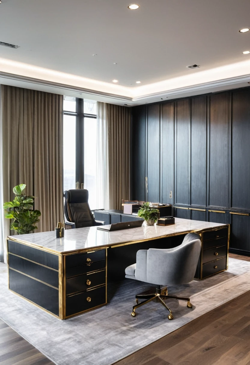 A luxurious CEO office with high-end materials, bathed in natural daylight. A large desk is the centerpiece, with a stylish backdrop of filing cabinets and decorations behind it. The room also features a 10-person meeting table and a premium sofa set. The space is modern, elegant, and exudes sophistication --v 6.0 --ar 16:9 --style raw