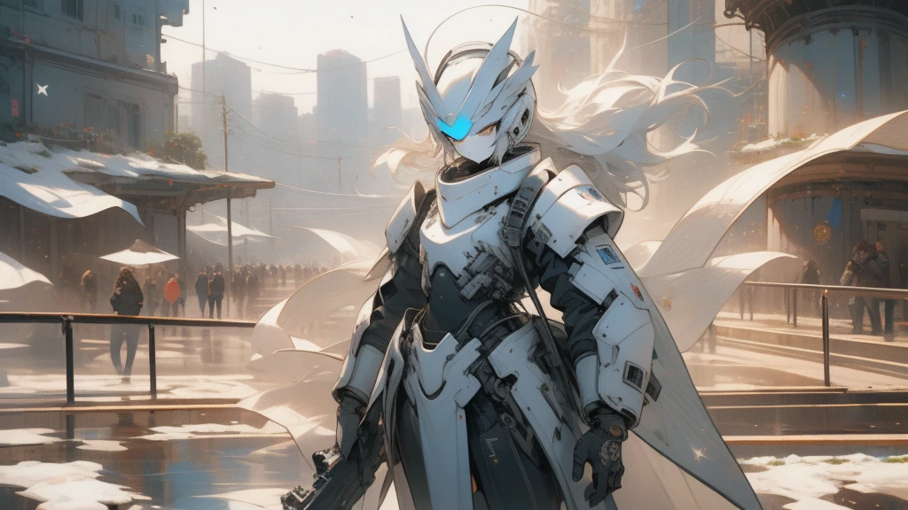 (UHD, award winning, super detail, best quality, masterpiece, anatomically correct, accurate, highres, 16k),Cyberpunk, City of the Future, The back view of a long-haired girl holding a weapon and carrying a travel bag,(best quality, 4k, ultra detailed, high resolution, masterpiece: 1.2),Personaje a la Distancia: Hay un personaje visto desde lejos, located at a high observation point. It is small compared to the surroundings, resaltando la magnitud de la nave. The character is equipped with a space suit, with flashing lights and mechanical details.Vista del Espacio Exterior: Through the openings in the ship, se ve un vasto espacio estrellado. The stars are unevenly distributed, creating variable densities and suggesting the remoteness of some celestial objects