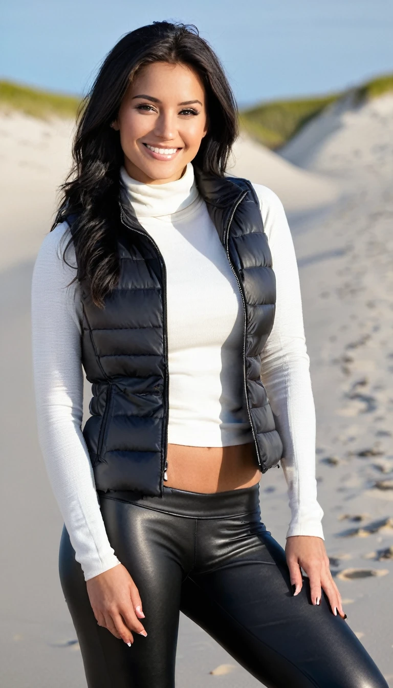 Portrait of a beautiful 25-year-old  woman, schwarze haare, beautiful latina, grey longsleeve with white padded vest and black faux leather leggins, am strand, (heller sand, helles und lebendiges Licht: 1.2), shy smile, very big , tanned, nsfw
