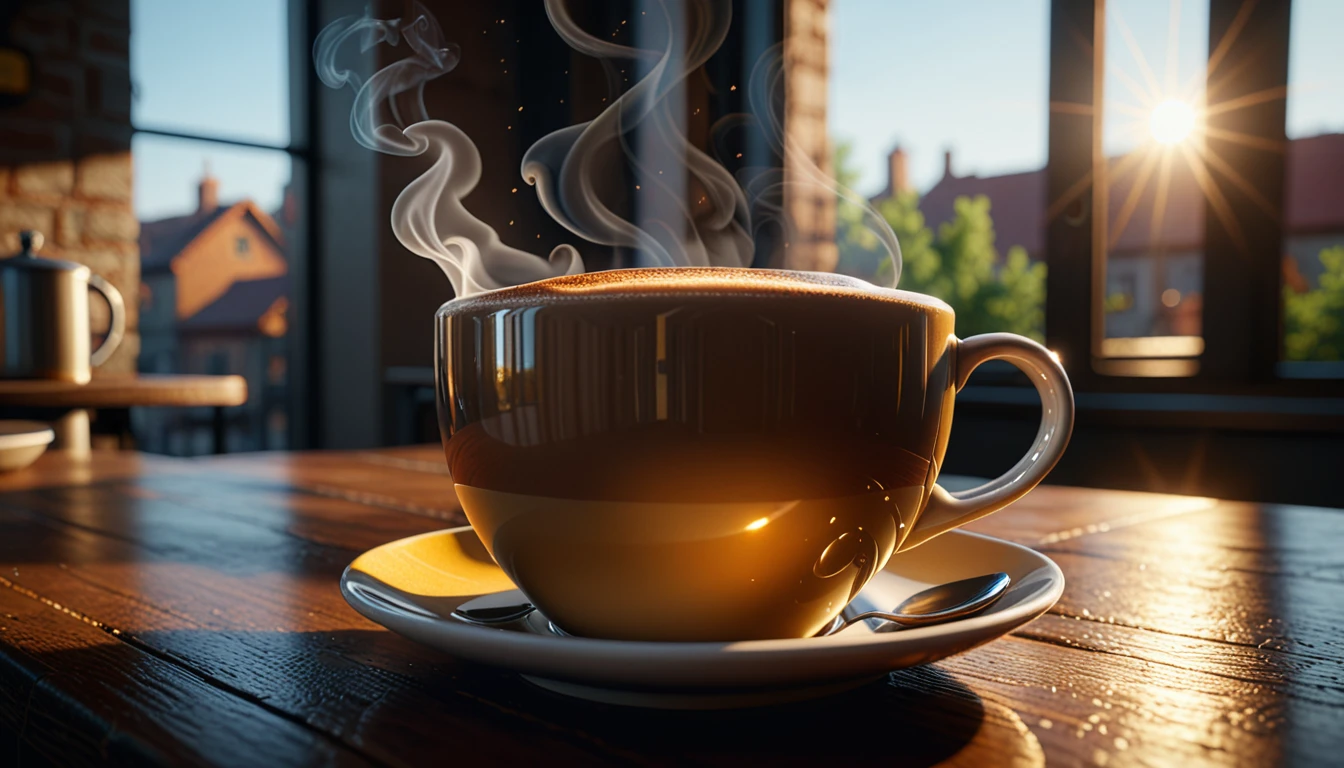 ((fantasy)1.5 photography, high-quality imagery), hyperdetailed, hyperrealistic, realism (((realistic steaming mug of coffee))), full scene, with breakfast table,sunrise, morning sun,sunrays, light reflections, cgi vfx, various colors, Inspired by Alberto Seveso, Sam Spratt, beth cavener and Luis Royo. on a sunny day, sunrays, colors, perfect lighting, shadows, 12k, high definition, cinematic, behance contest winner, stylized digital art, smooth, ultra high definition, 8k, unreal engine 5, ultra sharp focus, intricate artwork masterpiece, ominous, epic, 4k details, ultra details, dynamic lighting, cinematic, photo-realistic, 50mm lens, f/2.8, natural lighting, HDR, realism, mysterious, 64 megapixels, depth of field, hyperrealism, photorealistic, 8k ultra fine detail, masterpiece, High detailed, Realism, Epic, Enhance, Beautify, Epicrealism, intricate, detailed, 500px, promo shot,neon photography style