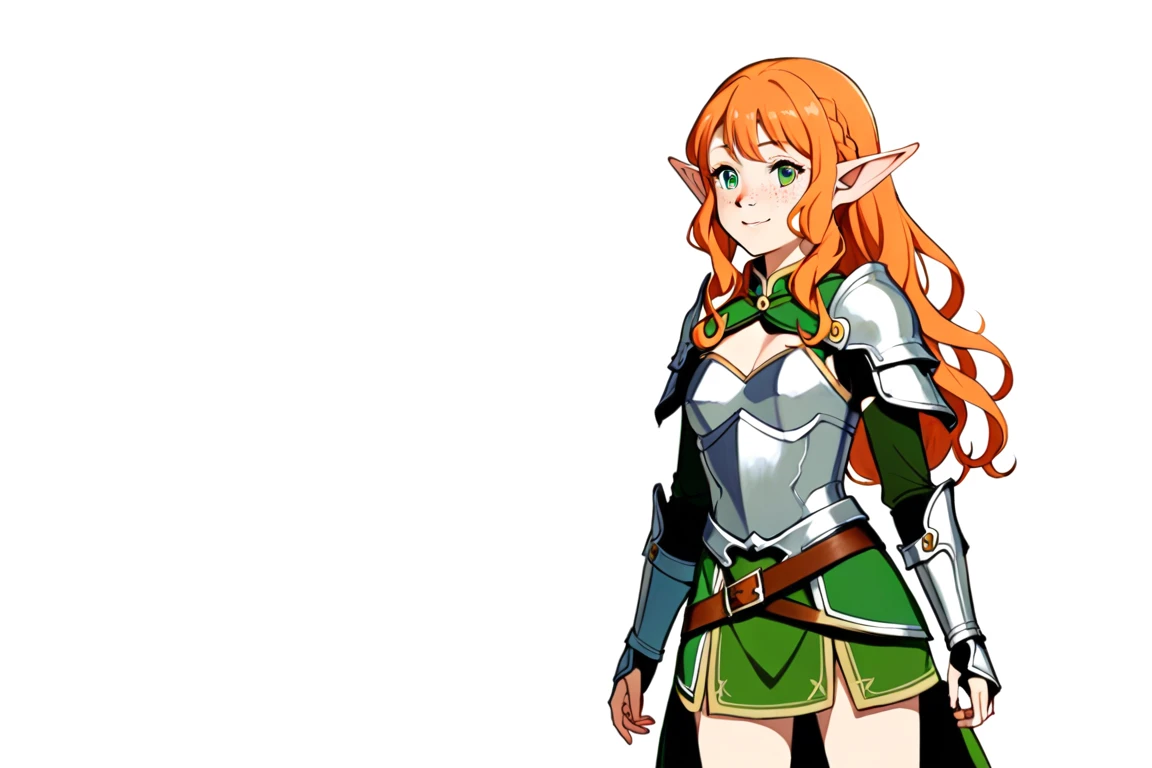 (The same character,front,side,back),Simple background,(whole body)girl,Orange hair,Long curly hair,Green eyes,Look ahead,Wearing armor,Freckles on the face,Elf ears,Short skirt,whole body像,Equal proportions,The same clothes